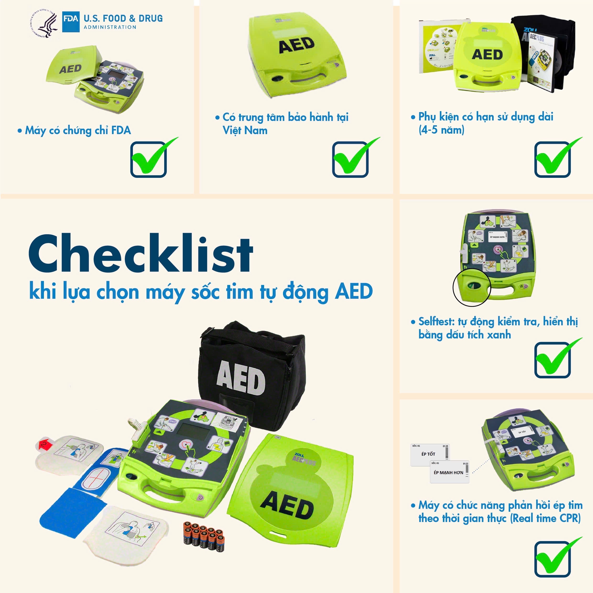 Checklist 5 tiêu chí vàng chọn máy AED: chứng chỉ FDA, bảo hành tại Việt Nam, phụ kiện 4–5 năm, selftest tích xanh